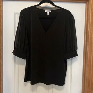 CALVIN KLEIN Black Crepe Tab Sleeve Blouse
